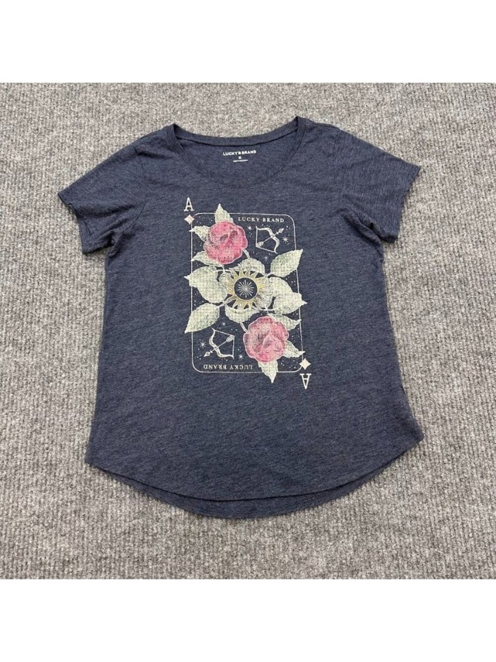 Lucky Brand Ace Of Roses Card Floral Graphic Short Sleeve T Shirt Womens Medium